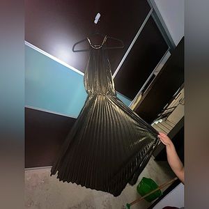 Metallic Pleated Maxi Dress - Gold Halter Neck